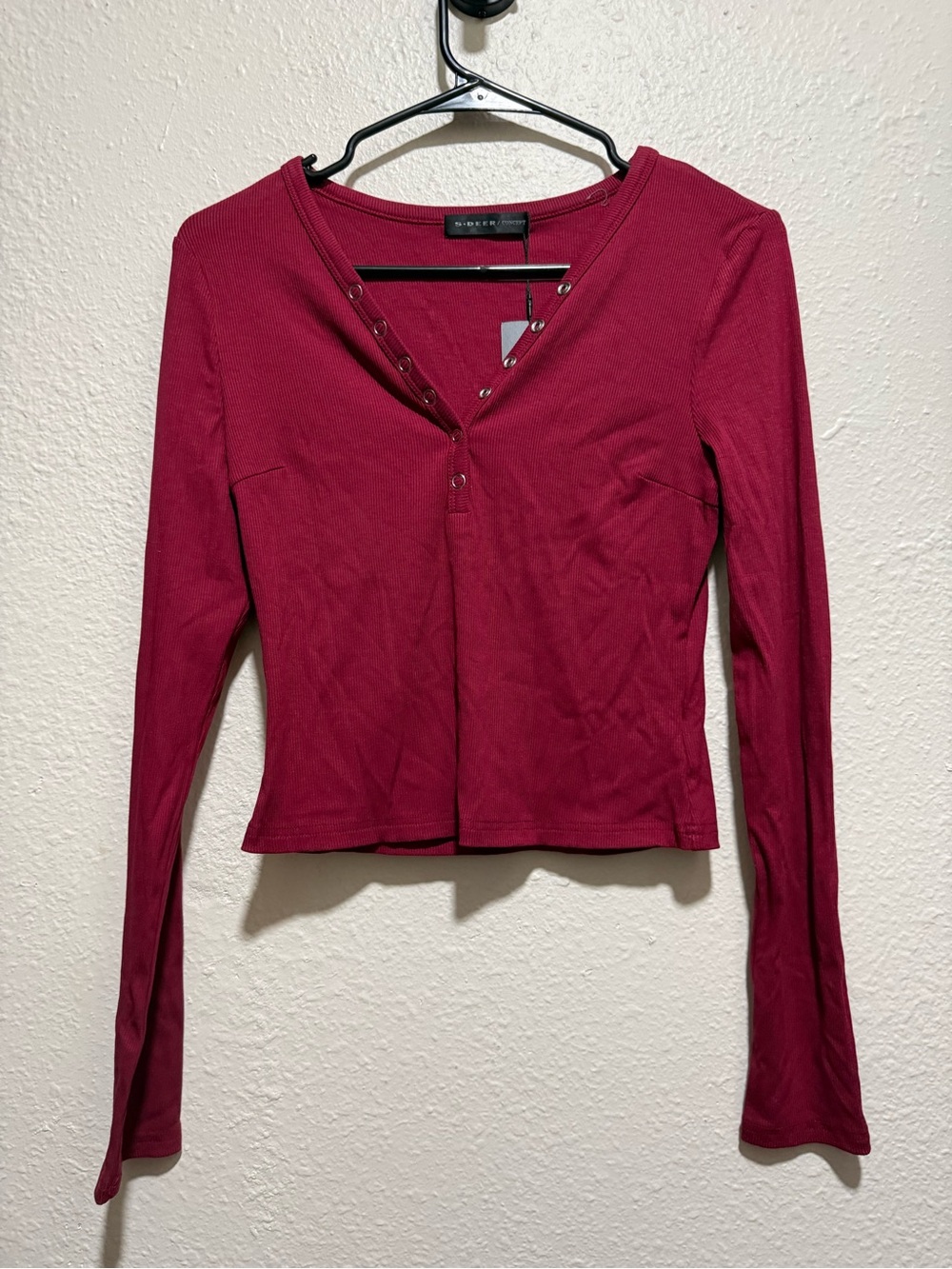 S-Deer Burgundy Long Sleeve Henley Rib Top